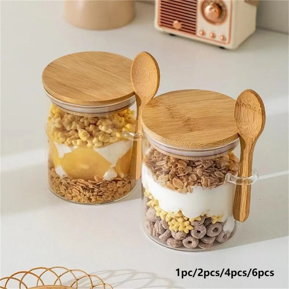 Round Glass Spice Jar with Bamboo Lid & Spoon, Clear Table Food Butterball Storage Container, Kitchen Utensils & Gadgets for Food, Summer for Gift, Ki