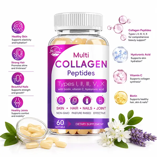 Hydrolyzed Collagen Peptides with Biotin, Hyaluronic Acid, Supports Skin Hair Nail, Grass-Fed, 60 Softgels, 1 Pack