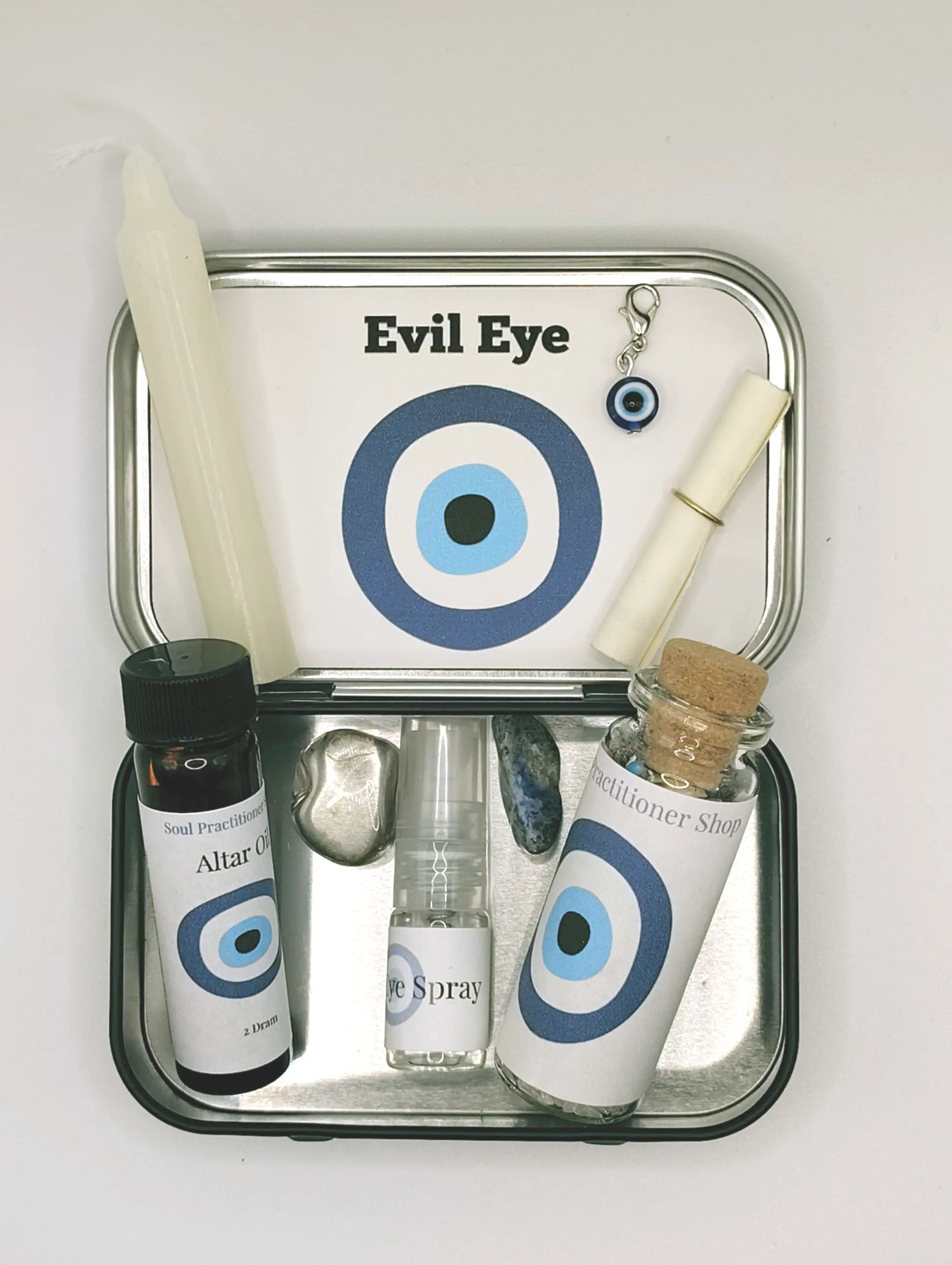 Evil Eye Protection Travel Altar Kit - Mini Spiritual Protection Set with Altar Oil Spray, Herbal Mix ,Charm, Candle, and Crystals for Daily Rituals