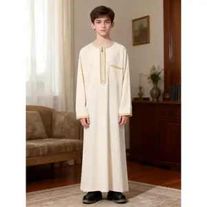 Older Boys' Traditional Middle Eastern Arab Embroidered Solid-Color Long Robe - Beige Boy Thob, Ramadan Fashion Coat for 4-5y, 11-12y, 13y