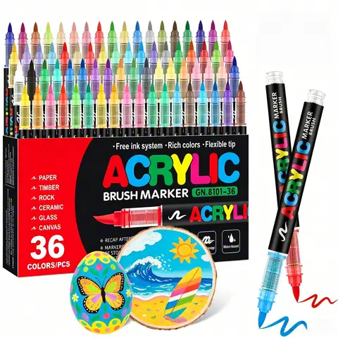 36pcs Professional-Grade Acrylic Paint Markers - 1-6mm Flexible Tip Artists’ Supplies, Direct-Liquid Ink Control, Strong Opaque Coverage, Scratch-Proof, for Creative Arts, Halloween Gift Idea, Home Rock Painting