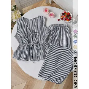 Women’s striped sleeveless drawstring vest and straight-leg pants set, summer multifunctional, 2-piece set GARMENTARY