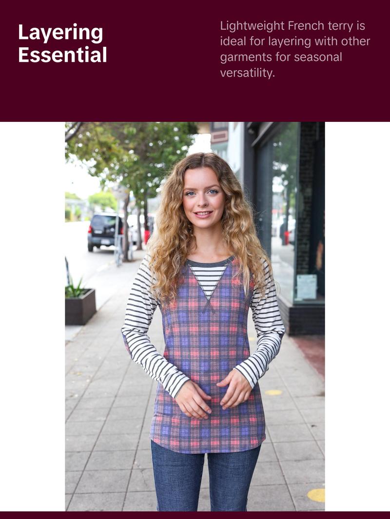 Feeling Playful Plaid/Stripe Outseam Stitch Elbow Patch Pullover