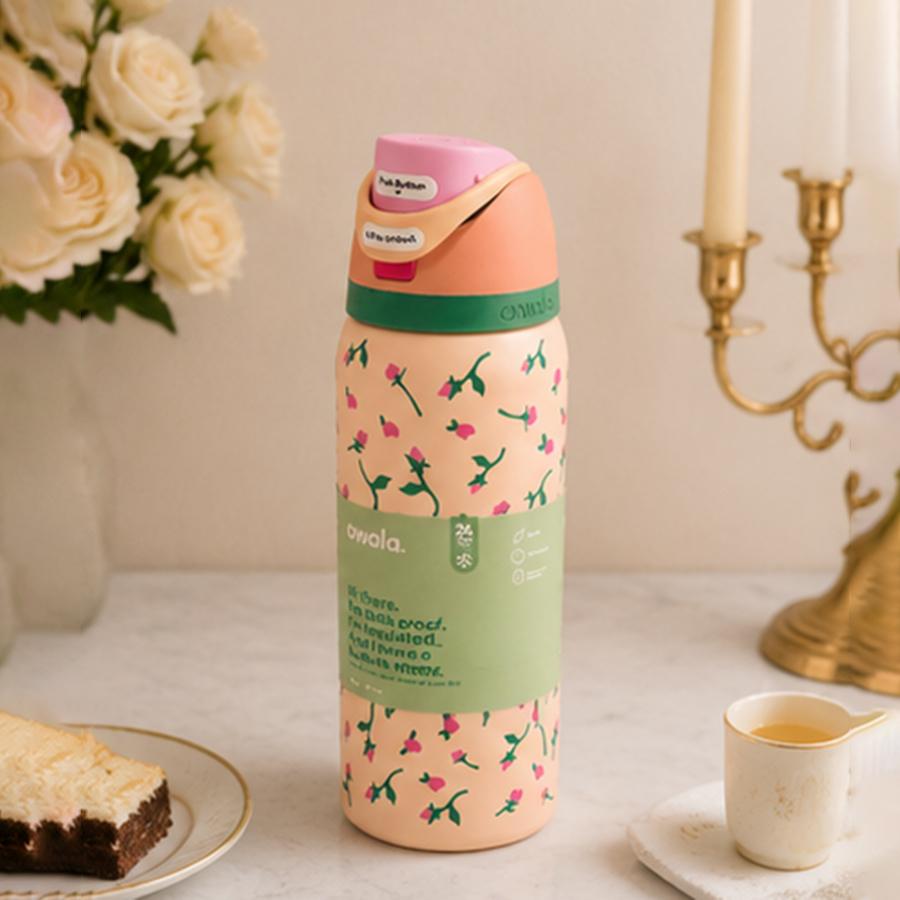 Owala 32oz Insulated Floral Print Retro Look Tea Strainer Water Bottle with Straw - Leakproof, Portable, Women's Single Bottle Drinkware for Gym, Travel