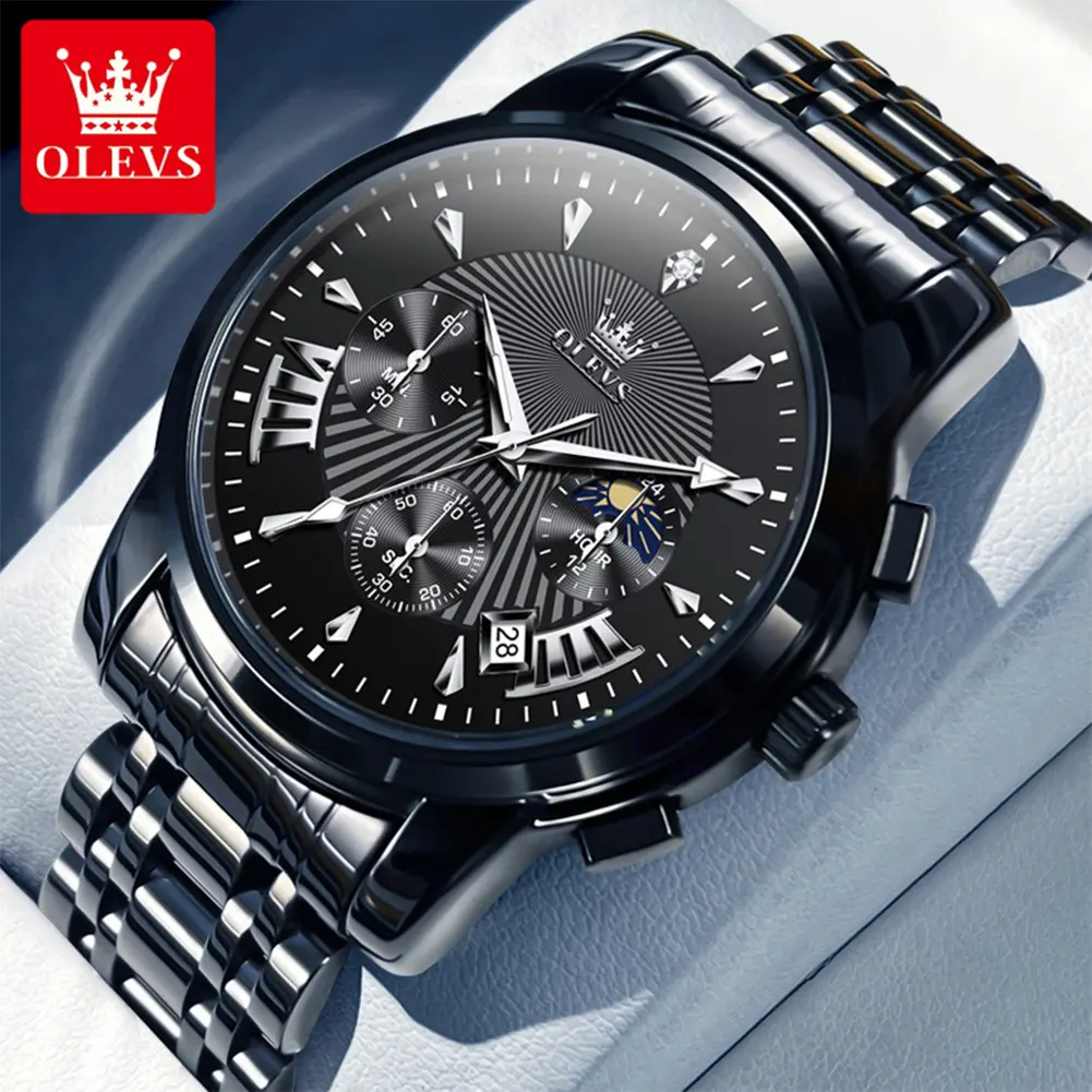 OLEVS Original Brand Men's Quartz Chronograph Watch, Waterproof Luminous Big Dial Fashion Business Wristwatch, Black Dial Stainless Steel Strap, Box-Packed for Everyday Wear Multifunctional 2892, Quartz Watch