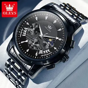 OLEVS Original Brand Men's Watch Waterproof Luminous Fashion Business Wristwatch with Black Dial and Stainless Steel Strap for Everyday Wear Big Dial Multifunctional Mans Watches 2892