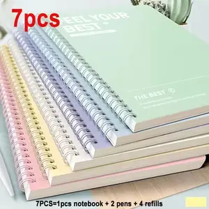 7-Piece Set Includes A5 Spiral Notebook, Two 0.5mm Ballpoint Pens, Four Ink Refills, Smooth Writing, Tear-Page Design