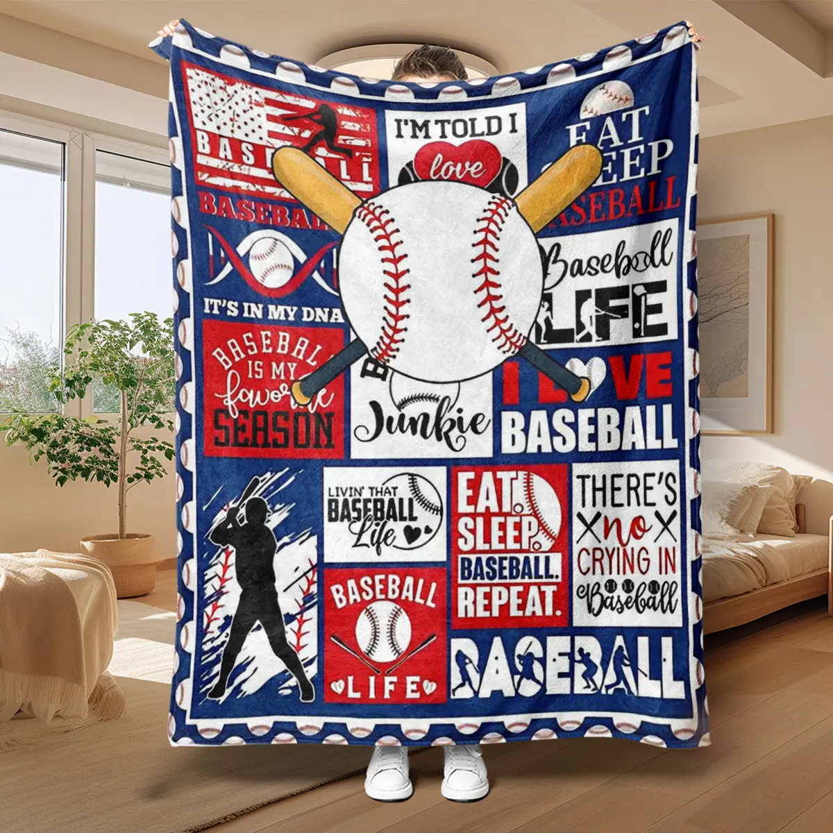 Baseball Enthusiast Flannel Blanket - 50*60 in, Soft, Cozy, Warm, Durable, Wrinkle Resistant, Letter Print for Sports Fans, Game Day, Watch Party Home Decor Gift