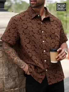 [Plus Size] Men's Regular Fit Leaf Print Short Sleeve Shirt, Casual Button Up Top for Summer, Fashion Men's Clothes for Beach Vacation, Casual Style Shirt, Casual Streetwear Shirt, Menswear