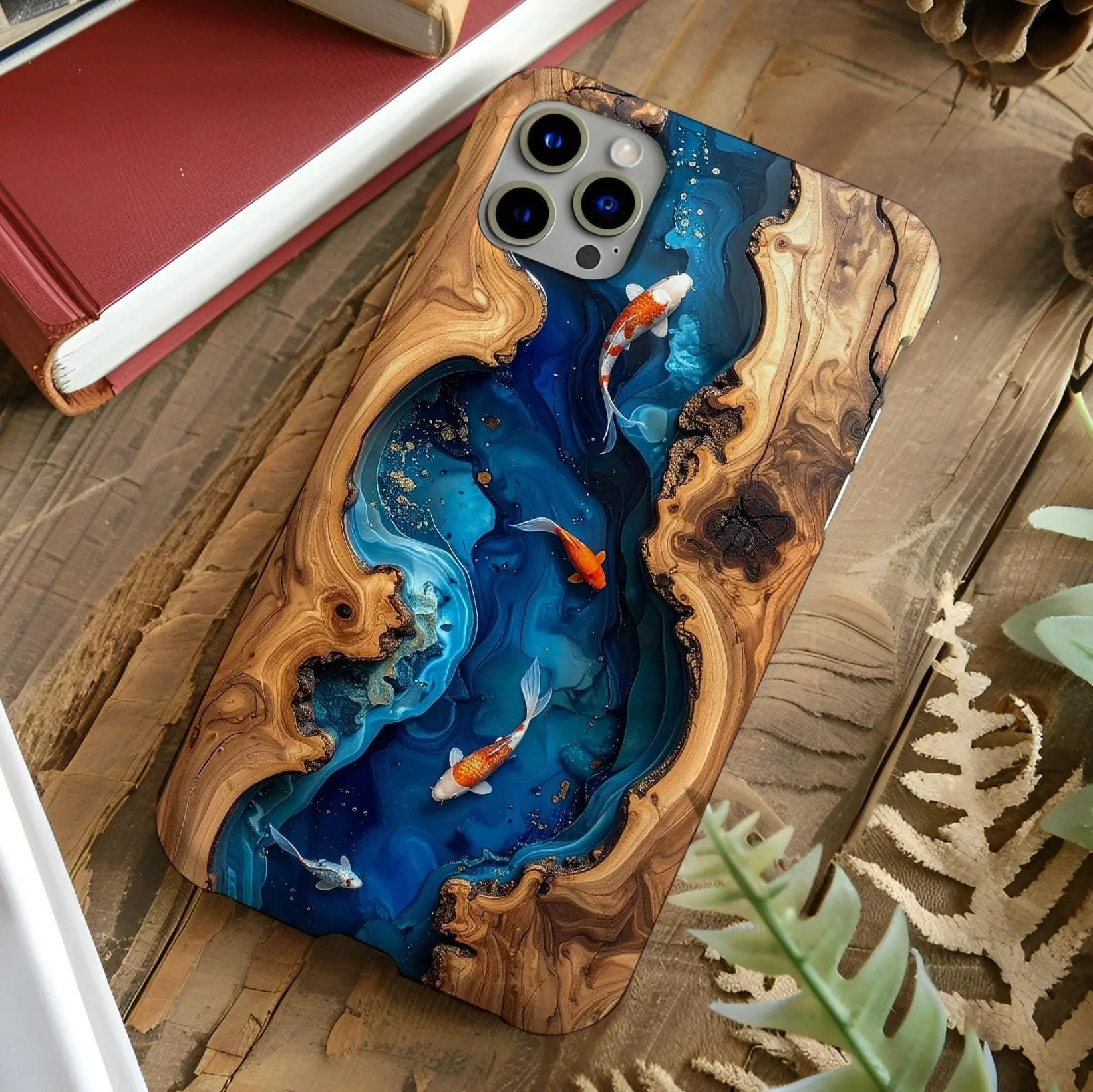 Koi Fish Faux Wood Resin Phone Case, Blue Epoxy iPhone Tough Case 17 16 15 14 13 12 11 Air Pro Max