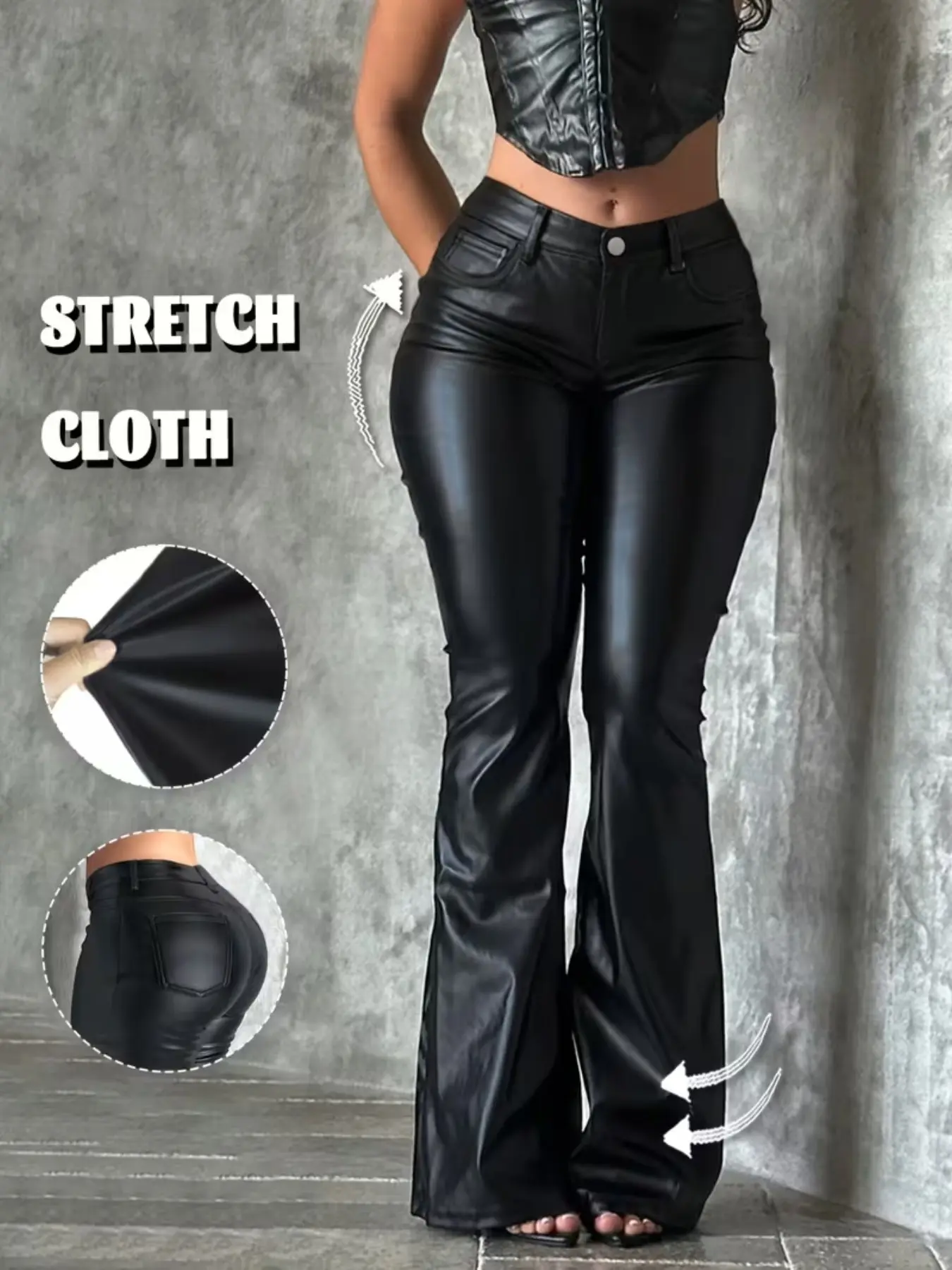Women's High Elasticity PU Coated High Waisted Flare Jeans Pants, Slim-Fitting Denim Trousers for All Seasons, Plain Pattern Fashion, Flared