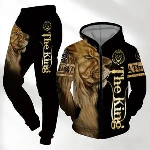 Men's "The King" Lion Pattern Sports Set with Zipper Hoodie and Jogger Pants, Bold 3D Print Streetwear, Suitable for Casual and Hip Hop Style Athletic Training Apparel Athletic Workout Clothing