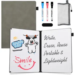 Portable White Board Dry Erase Notebook, 12" x 9" Double Sided Folding Whiteboards with 3 Pens, Small Travel Dry Erase Board -Friendly Material for Study, Meeting, Planning, Grey