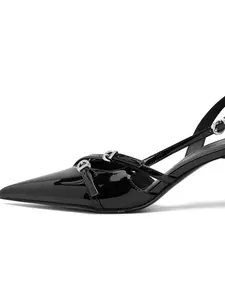 Glossy Pointed Toe Low Heel Sandals, Women's Metal Buckle Back Strap Design, Versatile Daily Wear Office Shoes