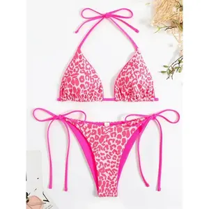 Sexy Micro Bikini Women Pink Leopard Print Neon Double Side Push Up Swimsuit Brazilian Beach Bathing Suit Thong Swimwear Glossy Halter Tie Bikini Set