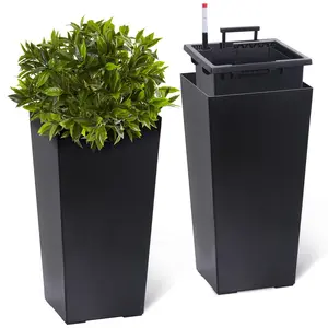GARVEE 23 Inch Tall Planters Set of 2,Outdoor and Indoor Planter Pots with Drainage Holes,Water Level Monitor and Inner Bucket, Automatic Watering High Front Porch Planters for Convenient Plant Care,Black