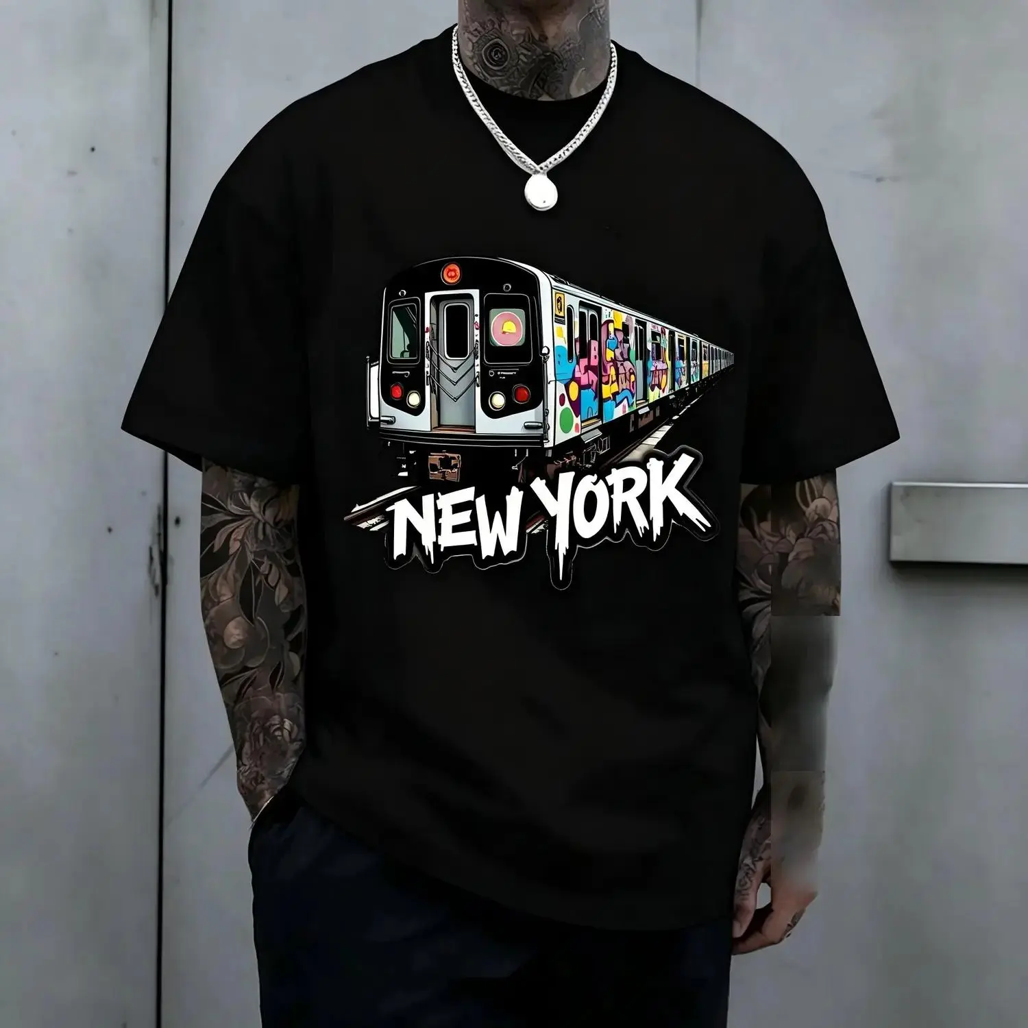 New York Subway Graffiti Print T-Shirt - Urban Street Art Tee, Short Sleeve Crew Neck, Breathable Regular Fit Casual Top for Everyday Wear & Outdoor Activities, Machine Washable