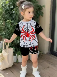 Black, white and red spider web set with digital printing, Summer outfits set, 100% polyester baby short-sleeve set, baby girl's casual clothing, suitable for daily and outdoor sports T-shirts, a perfect gift for babies and toddlers