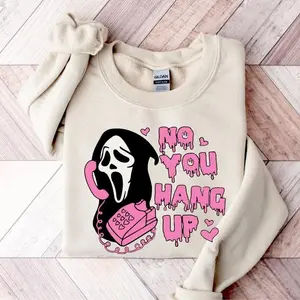 Funny “No You Hang Up” Ghost Phone Crewneck Sweatshirt for Halloween & Valentine’s Day, Unisex Cotton Pullover, Made in USA & Printed Apparel 	