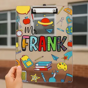 Personalized Teacher Clipboard, Colorful School Icons Acrylic Clipboard, Custom Name Teacher Gift 2026, Classroom Office Desk Decor, Back To School Supplies