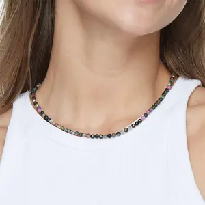 Natural Dainty Rainbow Tourmaline 2mm Tiny Beads Choker Minimalist Crystal Healing Natural Stone Necklace Gift For Her
