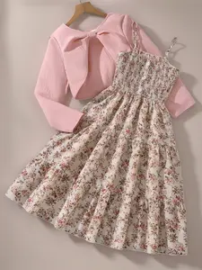 Two-Piece Set Girl's Floral Print Shirred Crop Top & A Line Dress Set, Flower Dress, Elegant Fashion Casual Long Sleeve Top & Dress for Daily Outdoor Wear, Girls Clothing for Fall & Winter