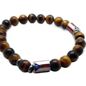Papiichulo Tiger Eye Bead Bracelet with Round Beads and Flag Design