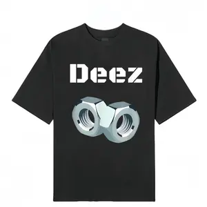 Black trendy T-shirt "Deez" with three-dimensional nut print, functional loose short-sleeved unisex style printed tee