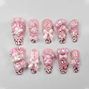 Y2K Pink Leopard Nails My Melody Roses And Pearl Bow Charms Cute Kawaii Aesthetic