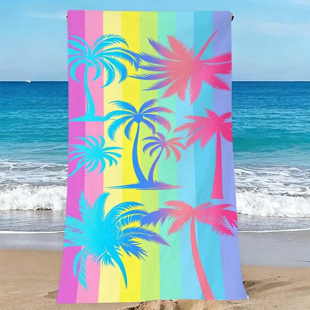 1PC Tropical Palm Print Beach Towel, Striped Beach Towels, Portable Towels, Rainbow Stripes for Sunbathing and Swimming Quick-drying, super absorbent, lightweight and sand-resistant. Ideal as a travel towel for swimming, spa, camping