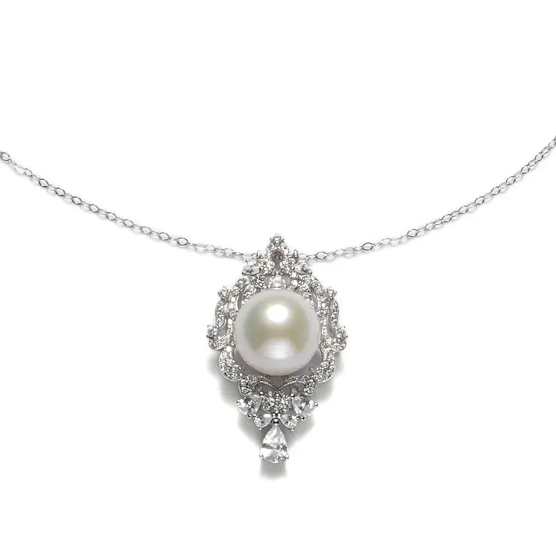 Large Freshwater Pearl Pendant Necklace with High Luster Pearl and Silver Pavé Design, Elegant Jewelry for Women