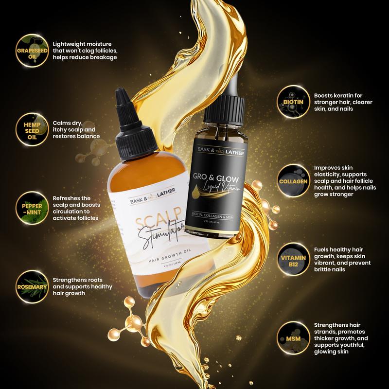 BASK AND LATHER Scalp Stimulator Hair Growth Oil - Lightweight Rosemary & Mint Blend for Thicker, Fuller Hair, Alopecia Support & Hair Regrowth