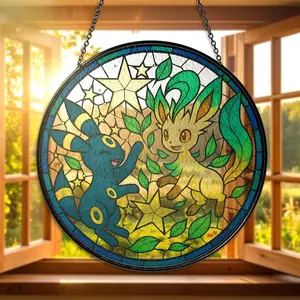 Umbreon Leafeon Stained Glass Suncatcher Umbreon Window Hanging Decor Leafeon Suncatcher Anime Glass Gift for Fans Umbreon Leafeon Gifts