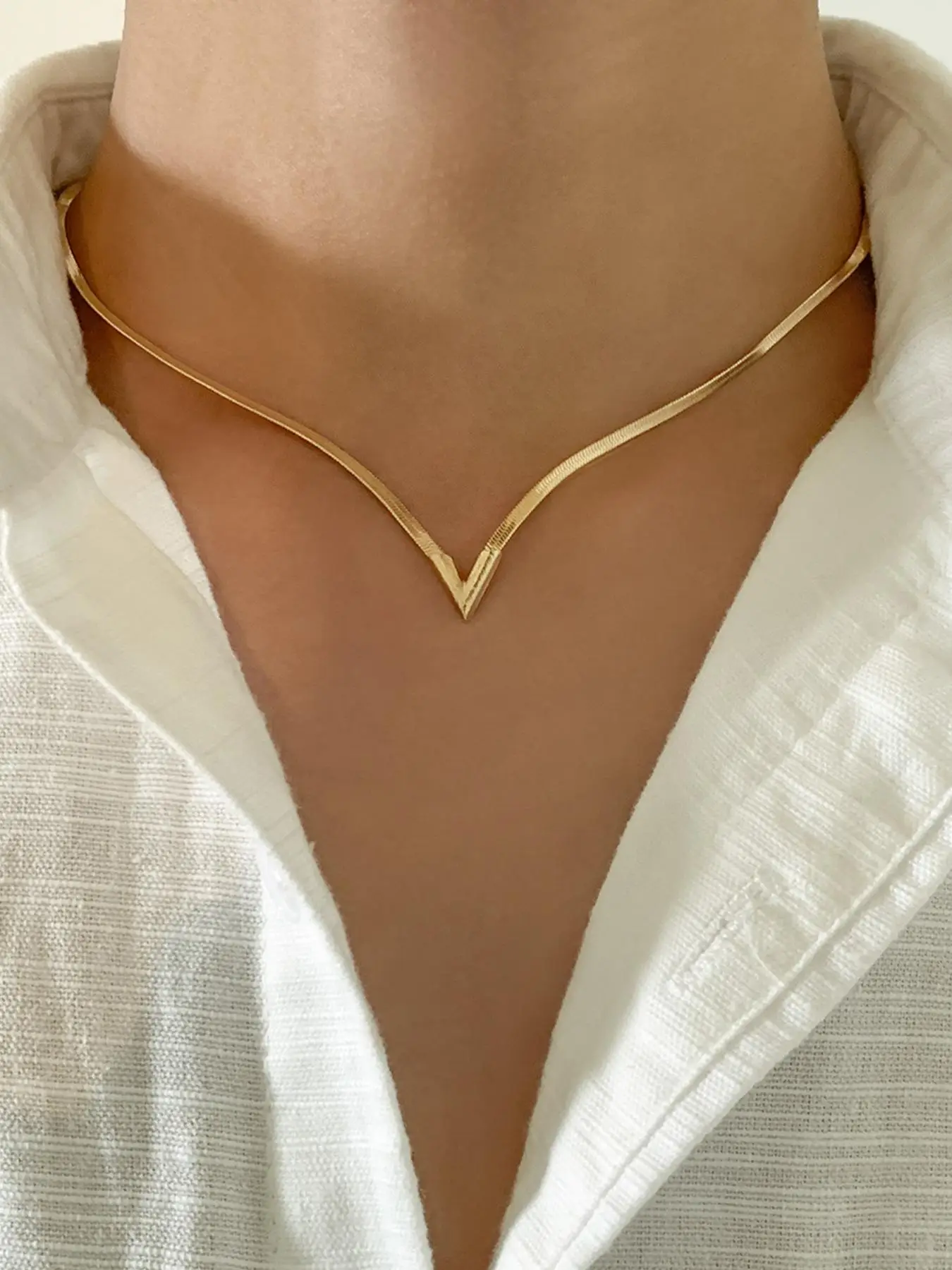 Unisex Casual Trendy V-shaped Flat Snake Chain Necklace As Gifts, Plain Color Metal Clavicle Chain, Fashion Accessories for Party & Daily Wear, for Me