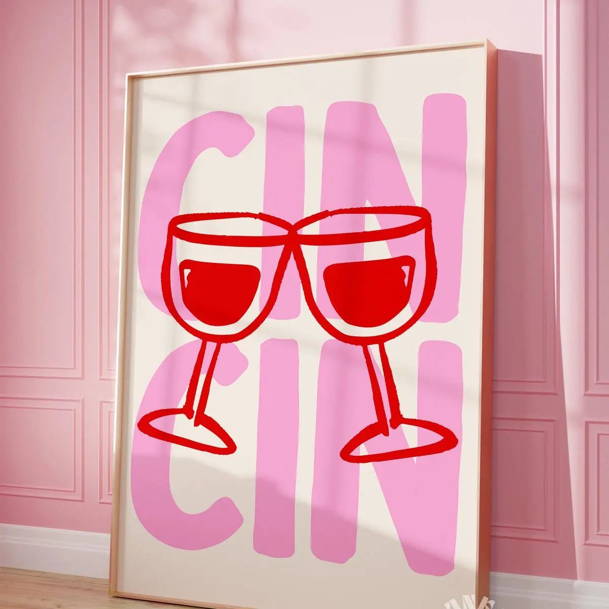 Cin Cin Wall Art Print – Pink Girly Cheers Poster, Trendy Bar Cart Decor, Maximalist Printable Drink Art, Fun Apartment Aesthetic, Room Decor, Unframed