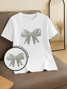 Women's Sequined Embroidered Bowknot Round Neck T-Shirt, Loose Short Sleeve, Casual All Seasons, Soft Knitwear, Perfect for Graduation & Valentine's Day