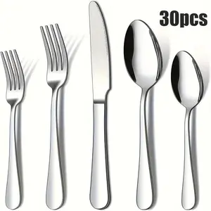 Stainless Steel Cutlery Set, 30pcs/set Knife & Fork & Spoon, Mirror Polished Tableware Set, Dinnerware Service Set for Home Kitchen Dining Room Party