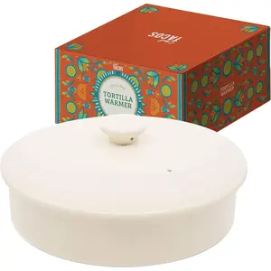 Ceramic Tortilla Warmer, Microwavable, Tortilla Holder Container, Pancake Keeper, Best for Storage Tortilleros, with Lid (8-inch, Cream)