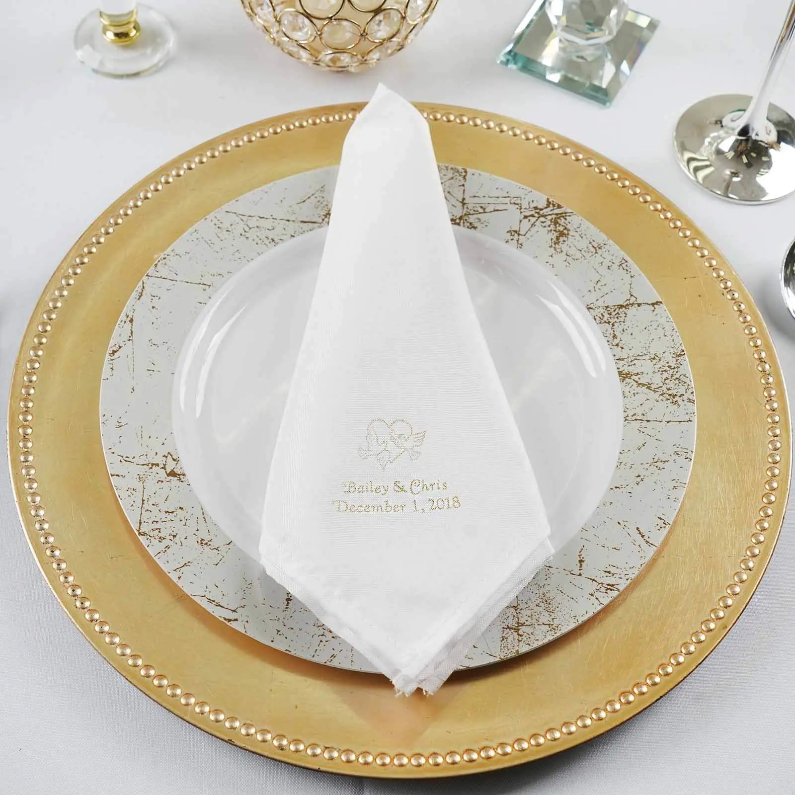 Polyester Cloth Dinner Napkins (50-Pack) - Personalized Hot Foil Printing, Large Emblem Design for Wedding Favors