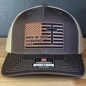 American Flag Man Of God Cross Christian SnapBack Trucker Hat Leather Patch