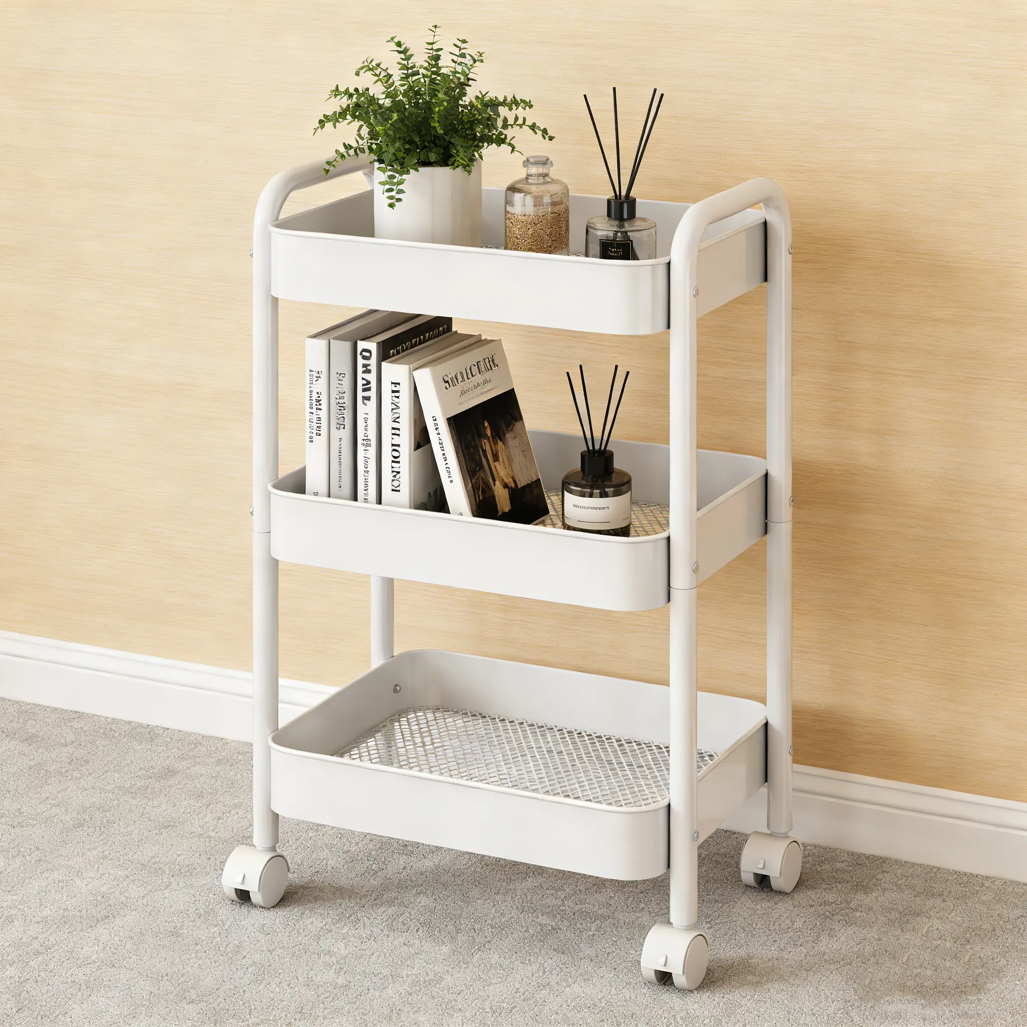 3-Tier Heavy-Duty Metal Rolling Utility Cart with Lockable Wheels | Space-Saving Storage Organizer for Kitchen, Bathroom, Office, Nursery & Classroom | Easy Assembly & Multi-Functional Trolley | Narrow Spaces –  Adjustable Standing Shelf Bookshelf Rack