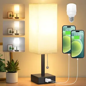 Bedside table lamp, featuring 3 color temperatures - 3000/4000/5000K, a compact table lamp with USB C+A ports, controlled by a zipper to switch between 3 color modes, suitable for bedroom, living room, reading, and working (includes LED bulb)