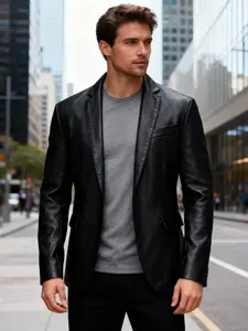 Men's Plain Business Formal Casual Fitted Long Sleeve Jacket, High-Quality Faux Leather Outerwear Coats, Fashionable Aesthetic Spring & Fall Wear, Unisex Jacket
