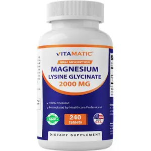 Vitamatic Magnesium as Glycinate Lysinate 240 Tablets 100% Chelated Supports Muscle Relaxation Heart Nerve Health Non GMO Gluten Soy Free 2000 MG