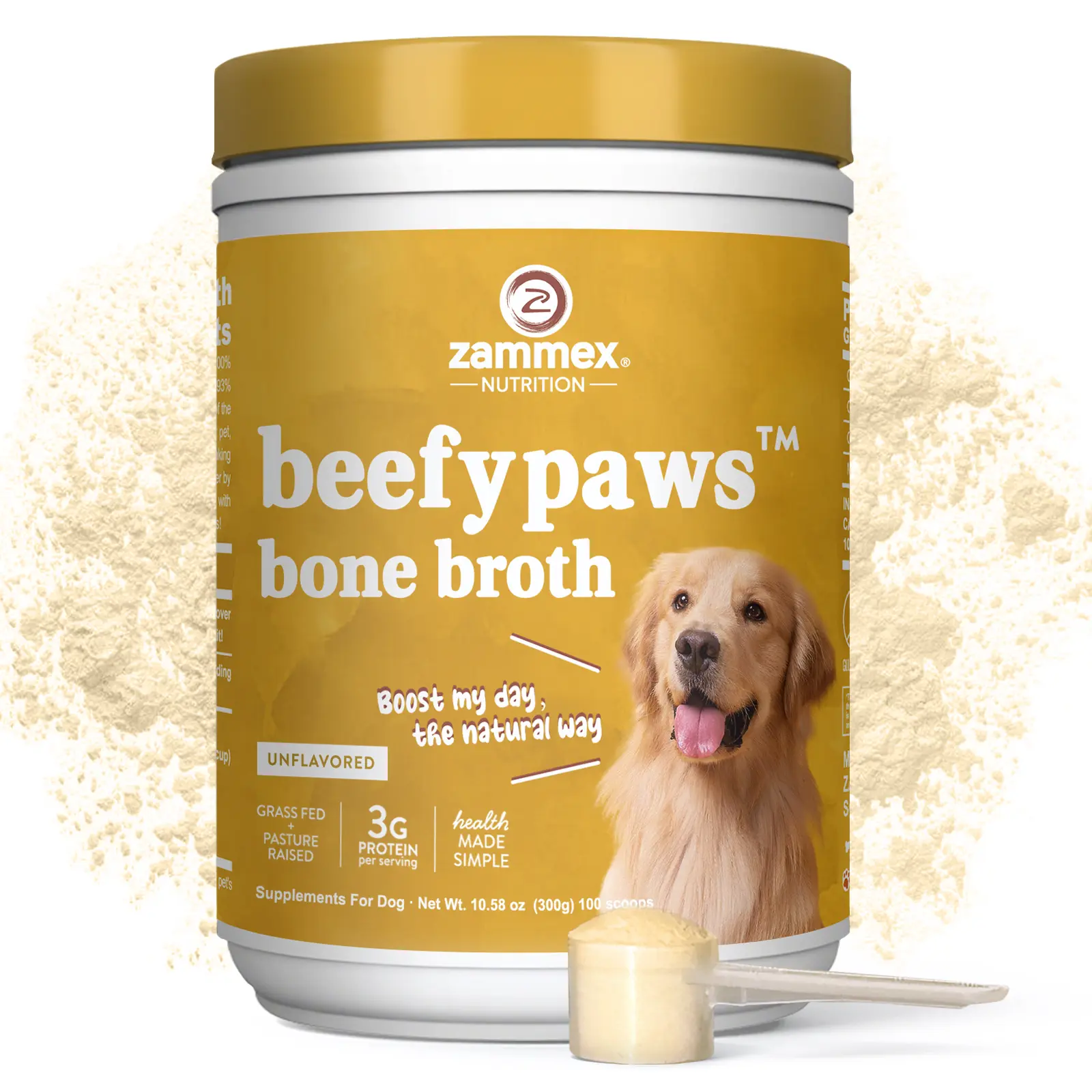 Zammex BeefyPaws Natural Bone Broth Powder for Dogs, 300g Grass-Fed Protein Pet Supplement, USA-Made, Supports Joint, Gut, Immunity & Fur Health (Suitable for Cats Too)