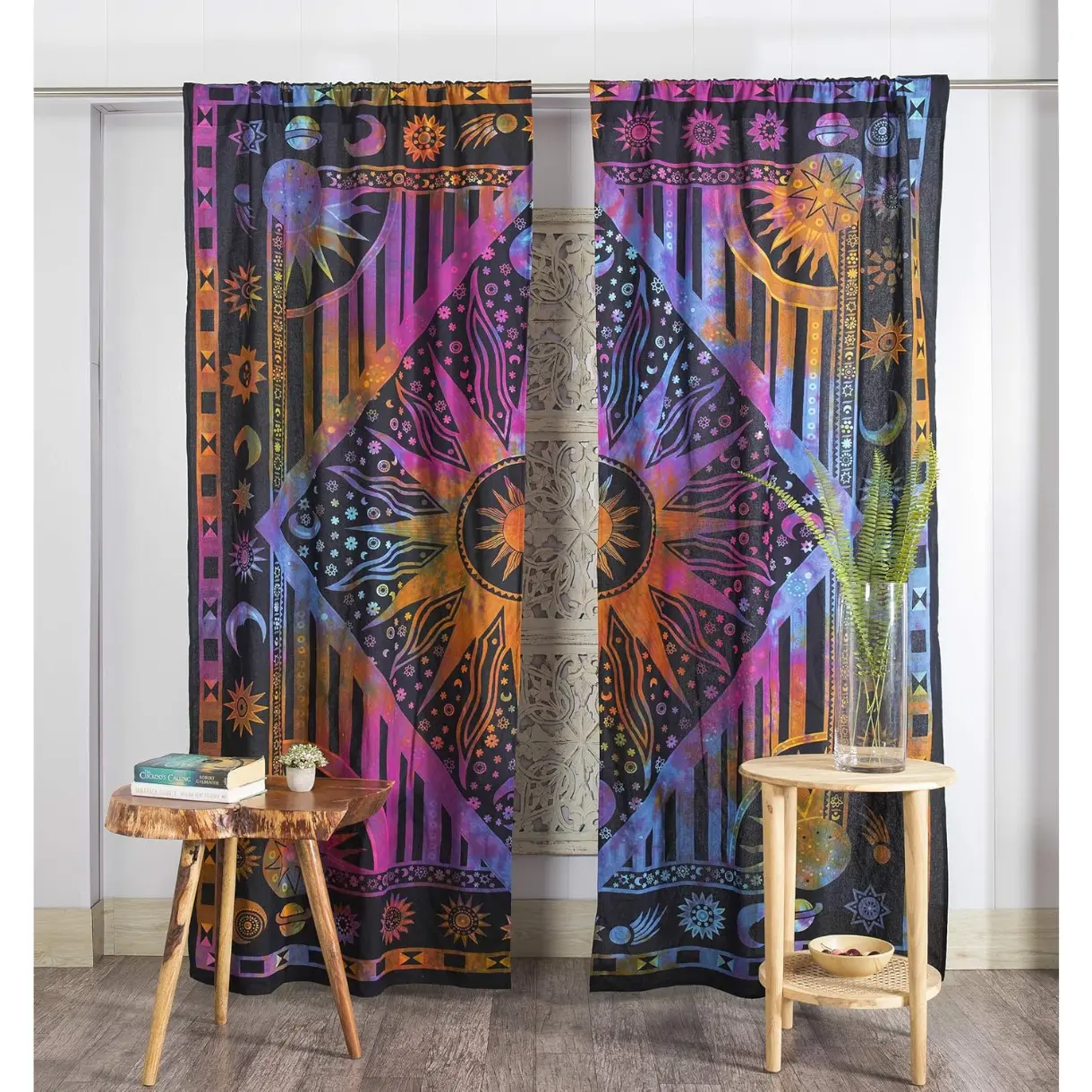 Indian Burning Sun Hippie Mandala Window Curtains - Gypsy Tye Dye Bohemian Sun Moon Beautiful Drapery Bedroom Living Room Balcony Valance Panels Purple