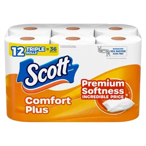 Scott ComfortPlus Toilet Paper, 12 Triple Rolls, 231 Sheets per Roll, Septic-Safe, 1-Ply Toilet Tissue