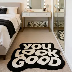 Modern Minimalist Living Room Sofa Carpet, Modern Shaggy Rug, Home Decorative Rug, Black White Letter 'YOU LOOK GOOD' Bedroom Decor Bedside Carpet Irregular Shape Lounge Non-slip Fluffy Soft Washable Floor Mat
