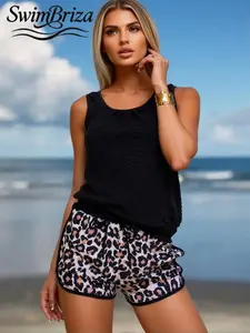 Briza｜Sleeveless Tankini With Shorts In Black Leopard Print, Tankini Swimsuits Set As A Tankini Suit Two-Piece Swimsuit For Women And Swimsuits 2 Piece, Vacation Swimwear For Women With Swim Shorts Set Women Pick For Resort Confidence