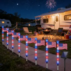 Independence Day eight-piece solar ground flag stand (56 LED lights, 8 lighting modes, outdoor waterproof passage lights, suitable for lawns, gardens and landscaped courtyards, holiday decorations